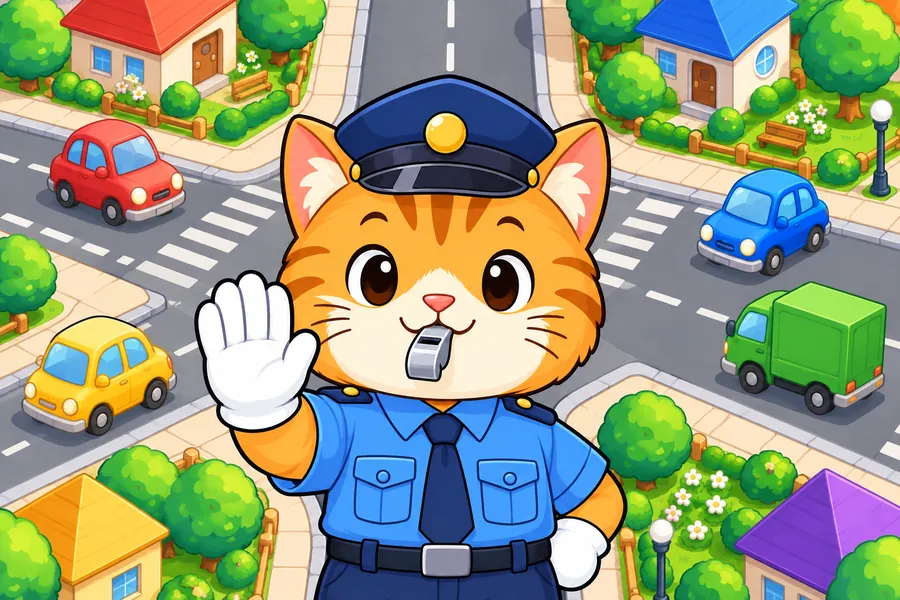 おもちゃのような町の交差点で、ねこのおまわりさんが車を誘導している