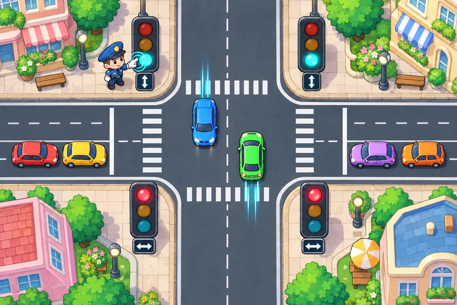 おもちゃのような町の交差点で、ねこのおまわりさんが車を誘導している