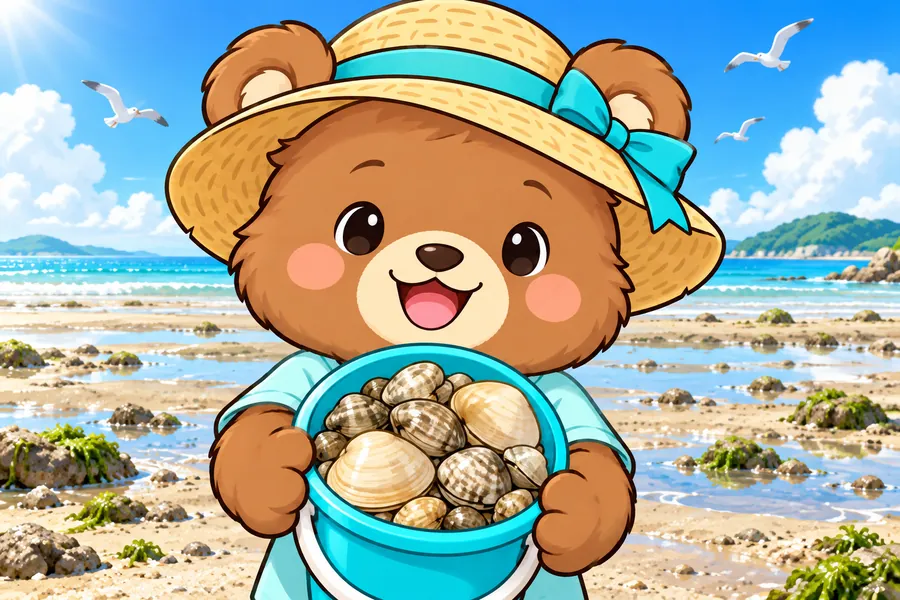 砂浜でクマの子がバケツいっぱいの貝を見せてよろこび、遠くに海と青空が広がる