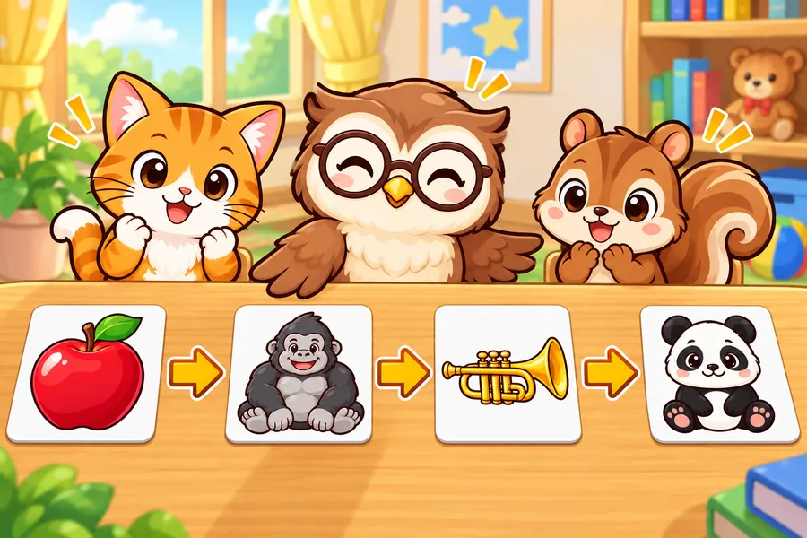 りんご、ごりら、らっぱ、ぱんだの絵カードが矢印でつながり、フクロウ先生と子どもたちが見ている