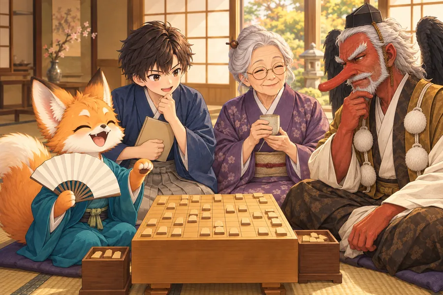 和室の将棋盤をかこむ、子狐・見習いの少年・名人のおばあさん・天狗の対戦相手たち