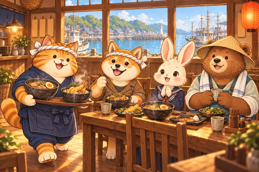 にぎわう食堂で料理を運ぶねこの店主と、笑顔のお客さんたち