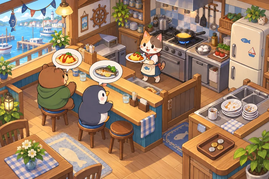 にぎわう食堂で料理を運ぶねこの店主と、笑顔のお客さんたち