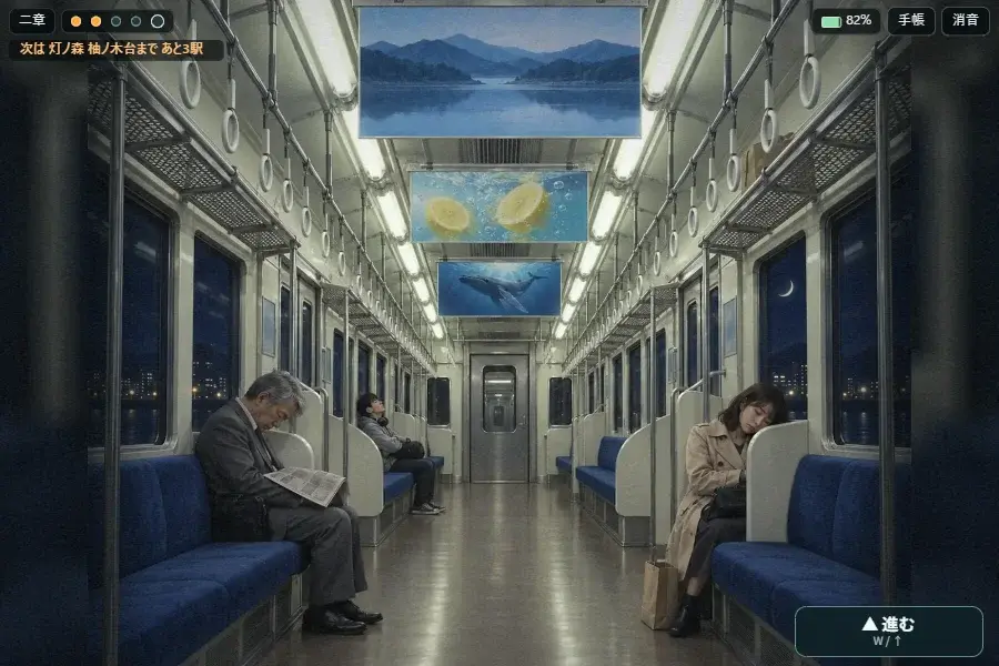 深夜の終電の車内を一人称で見たゲーム画面。左右に紺色のロングシートが続き、眠る乗客と中吊り広告、奥に貫通扉が見える
