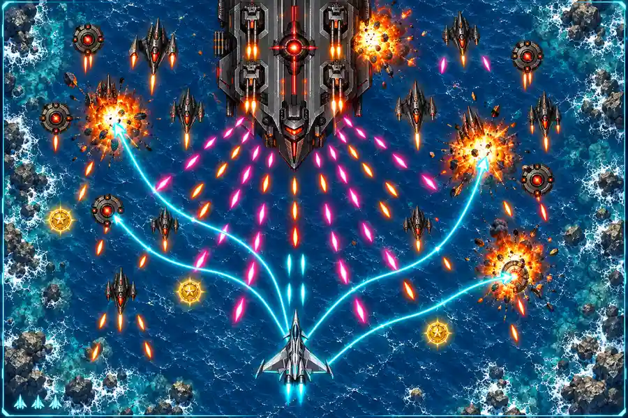 海の上で白銀の戦闘機が曲がるロックオンレーザーを放ち、上の大型戦艦ドローンが規則正しい弾幕を撃っている