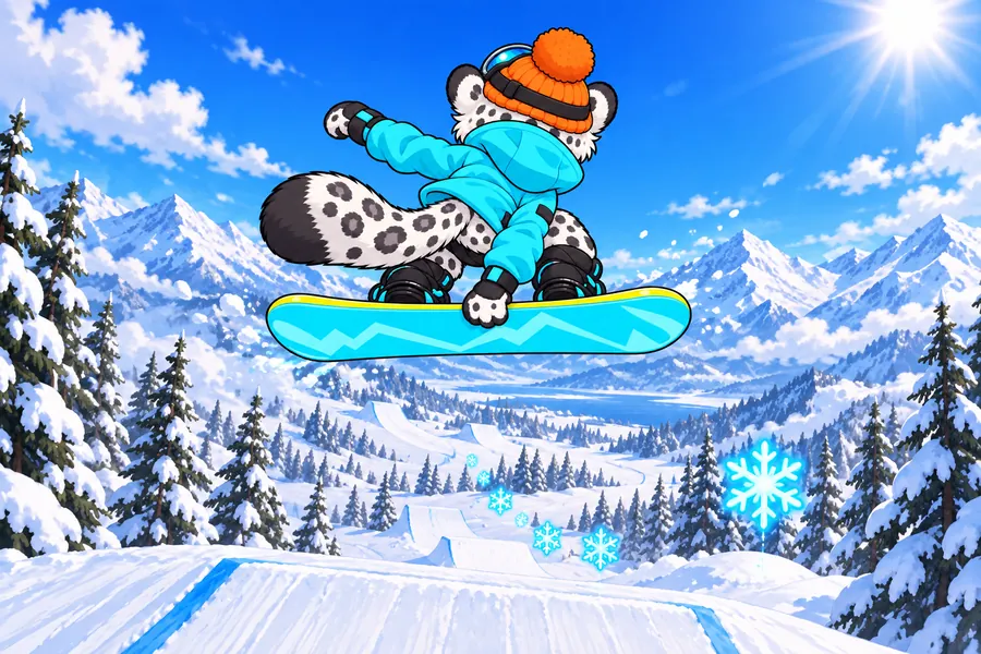 晴れた雪山のスノーパークで、ユキヒョウの子どもモコがジャンプ台から高く飛び、スノーボードをつかんでいる