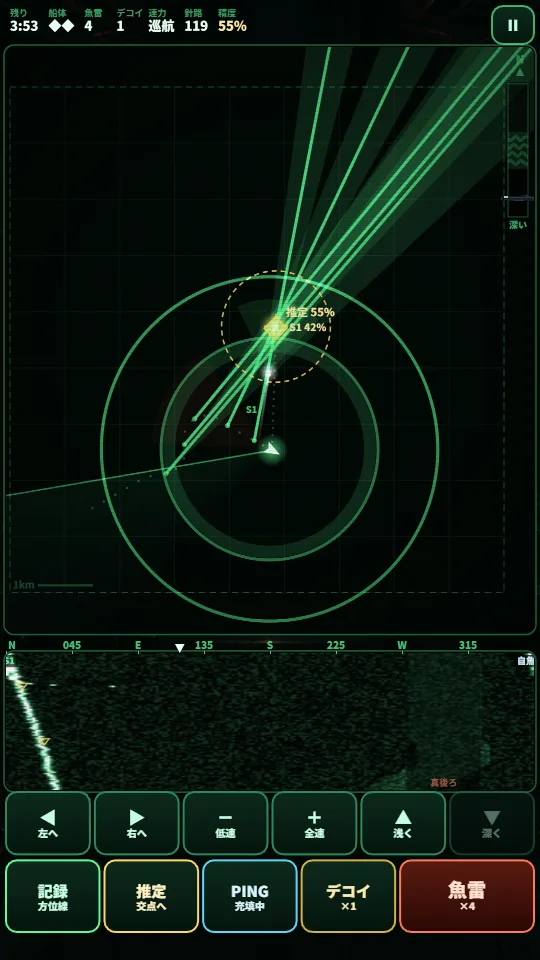 スマホの縦画面。上に緑の方眼の海図があり、自艦から何本もの方位線が伸びて交わり、推定位置の点線の円とピンの波紋が広がっている。下にウォーターフォール表示と旋回・速力・深度・記録・推定・ピン・デコイ・魚雷のボタン