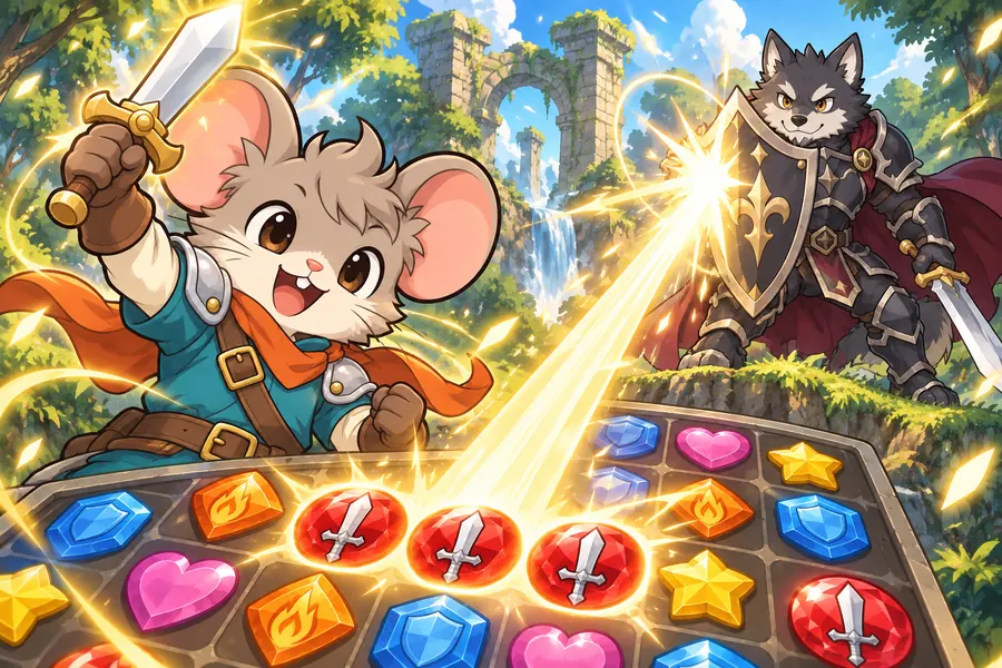 ネズミの子の勇者が剣をかかげ、そろった宝石が光の柱になってオオカミの騎士へとんでいく