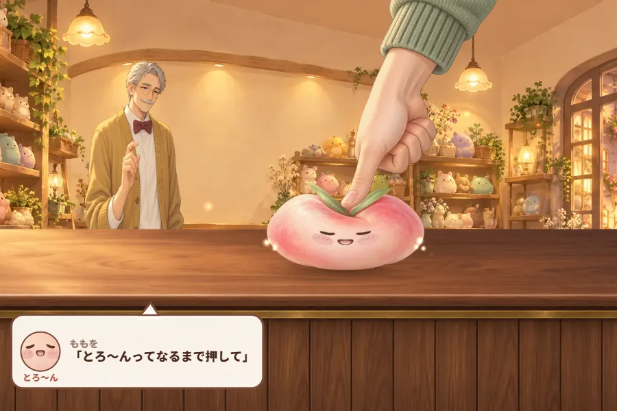 夕方のスクイーズ専門店。木のカウンターの上の、顔のついたももの形のスクイーズを、右上からのびた手の親指がむにゅっと押している。カウンターの向こうではお客さんが見守り、手前の吹き出しにお客さんのリクエストが出ている