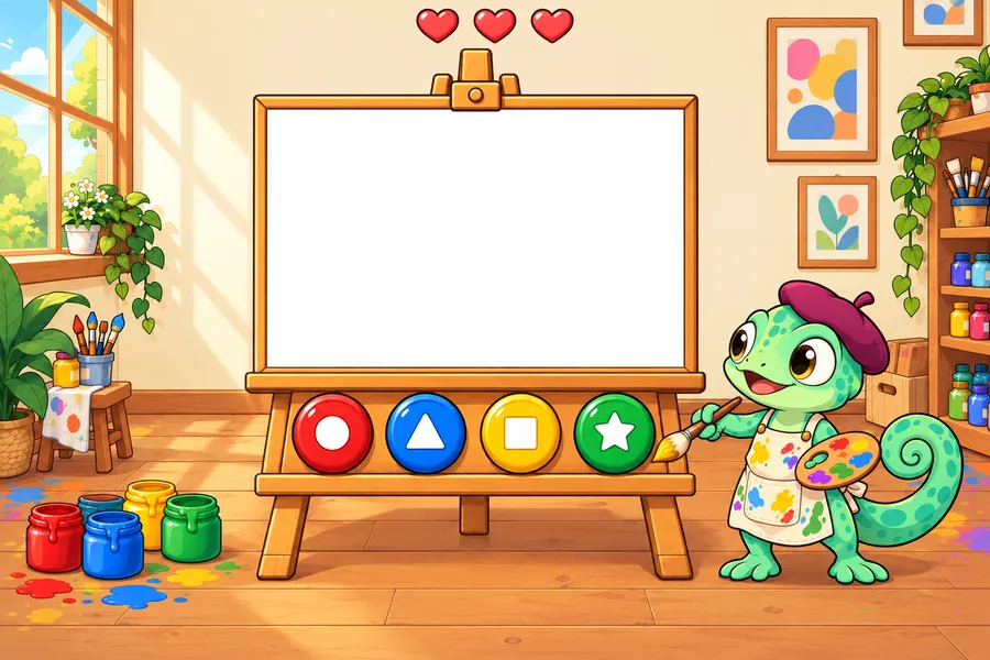 絵かきのアトリエで、イーゼルのキャンバスに色の名前がちがう色のインクで書かれ、下に色のボタンがならび、横でカメレオンの絵かきが筆を持っている