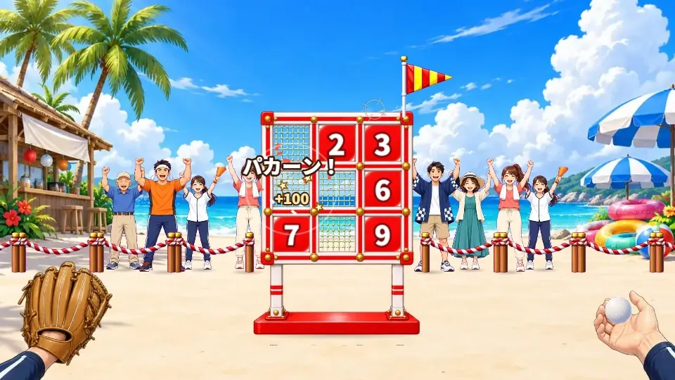 横画面。夏の浜辺で、わくの上の旗が風になびき、パネルが1枚たおれて「パカーン!」の文字。わくの両わきでロープのうしろの観客が両手を上げている
