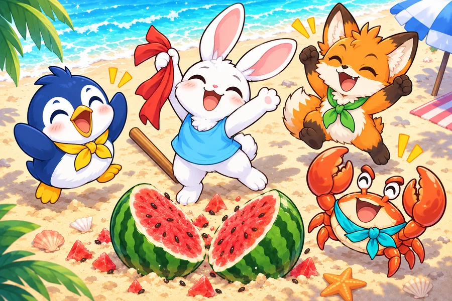 夏の砂浜でスイカがまっぷたつに割れ、目かくしを外したウサギと友だちがよろこんでいる