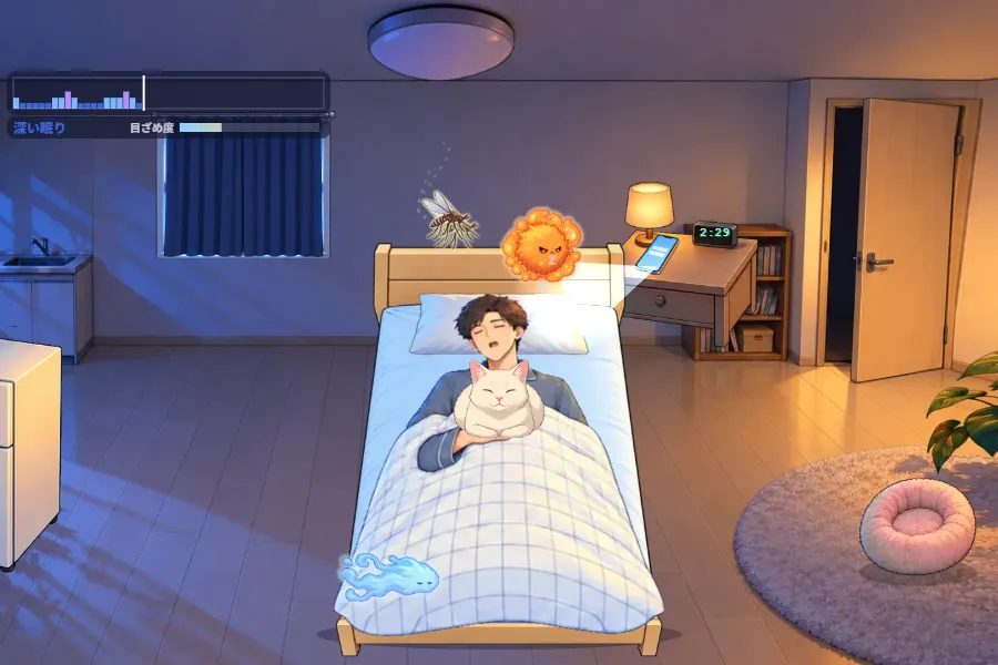 夜の一人暮らしの寝室を少し上から見たゲーム画面。ベッドで掛け布団をかけて眠る男の人に向かって、窓のほうから蚊が、天井からオレンジ色の音のおばけが近づき、枕元のスマホの光がのびている