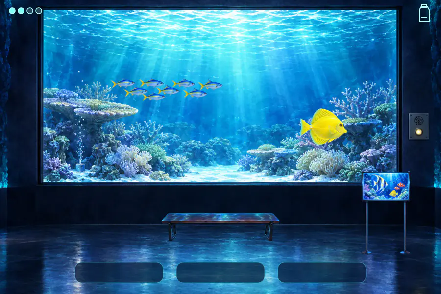 閉館後の水族館の熱帯の水槽を一人称で見たゲーム画面。窓の中を魚が泳ぎ、手前にベンチと案内パネル、下に選択ボタンが並んでいる