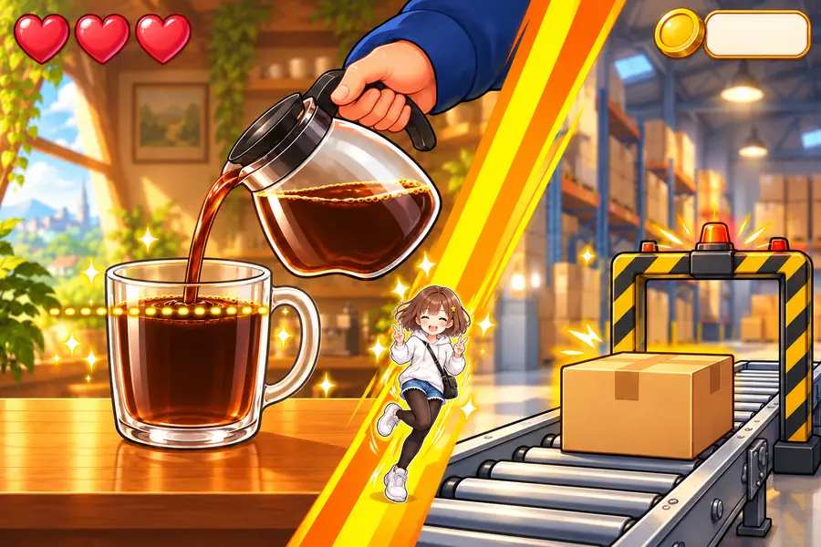 ゲーム画面。喫茶店の木のカウンターで、右上から手がガラスのコーヒーサーバーをかたむけ、ガラスのマグに金色の目じるしの線までコーヒーを注いでいる。画面の右は太いななめの帯で次の倉庫の場面に切りかわり、ローラーコンベアの段ボール箱がセンサーゲートへ向かっている。帯の上では主人公の女性がピースでとびこんでくる