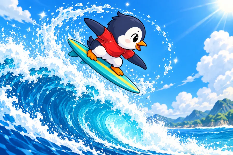 夏の海で、青い大波にのったペンギンのサーファーが空中でくるっと回り、しぶきがきらきら光っている
