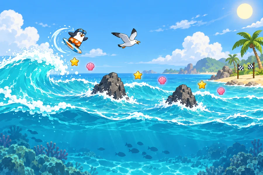 夏の海で、青い大波にのったペンギンのサーファーが空中でくるっと回り、しぶきがきらきら光っている