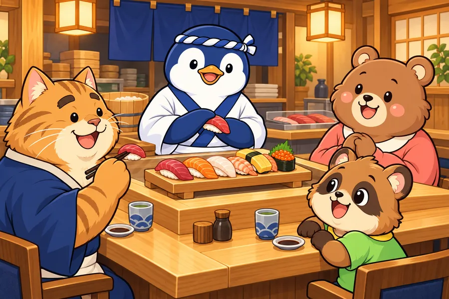 町のおすし屋さんで、ねじりはちまきのペンギンの板前さんがおすしをにぎり、お客さんがにこにこしている