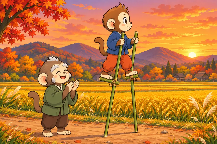 夕焼けのいなか道で、子ザルが竹馬に高くのって得意顔をし、おじいさんのサルが手をたたいて応援している