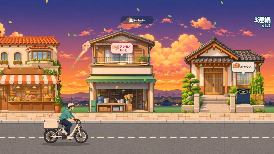 パソコンの横画面。夕焼けの商店街で、パン屋・金物屋・和風の家が並び、ワレモノの荷物が金物屋の2階ベランダへ向かって飛んでいる