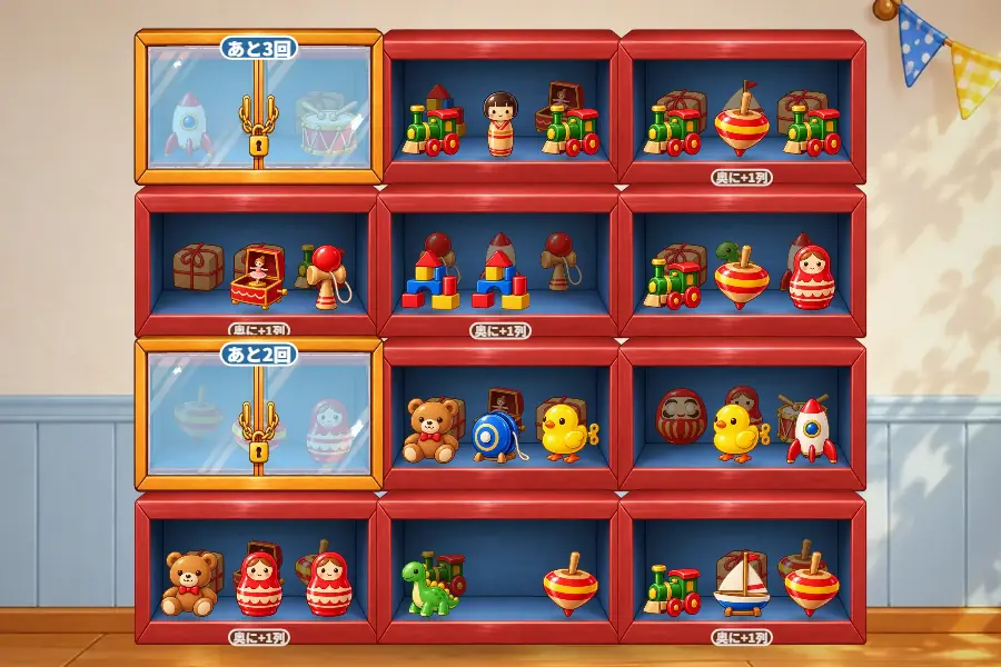 ゲーム画面。おもちゃ屋さんの床に赤いキューブ棚が立ち、青い奥板の小部屋におもちゃが並んでいる。手前の品のうしろには次の列の品が少し暗く見え、2つの小部屋にはガラス戸と金色の南京錠