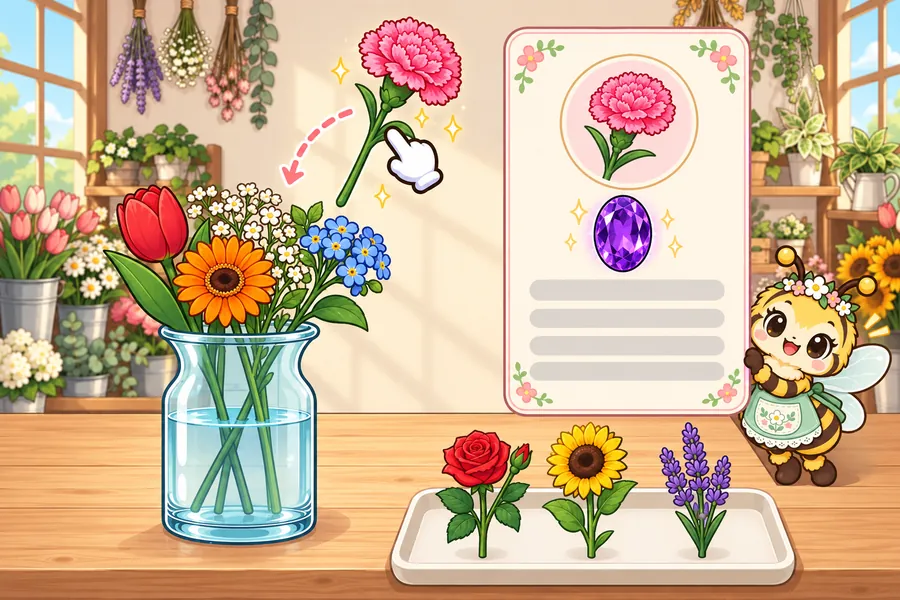 花屋の作業台で、ガラスの花びんにチューリップやガーベラがさしてあり、ピンクのカーネーションを花びんへ運んでいる途中の画面。右には誕生花と誕生石の結果カードと、ミツバチの花屋フワリ