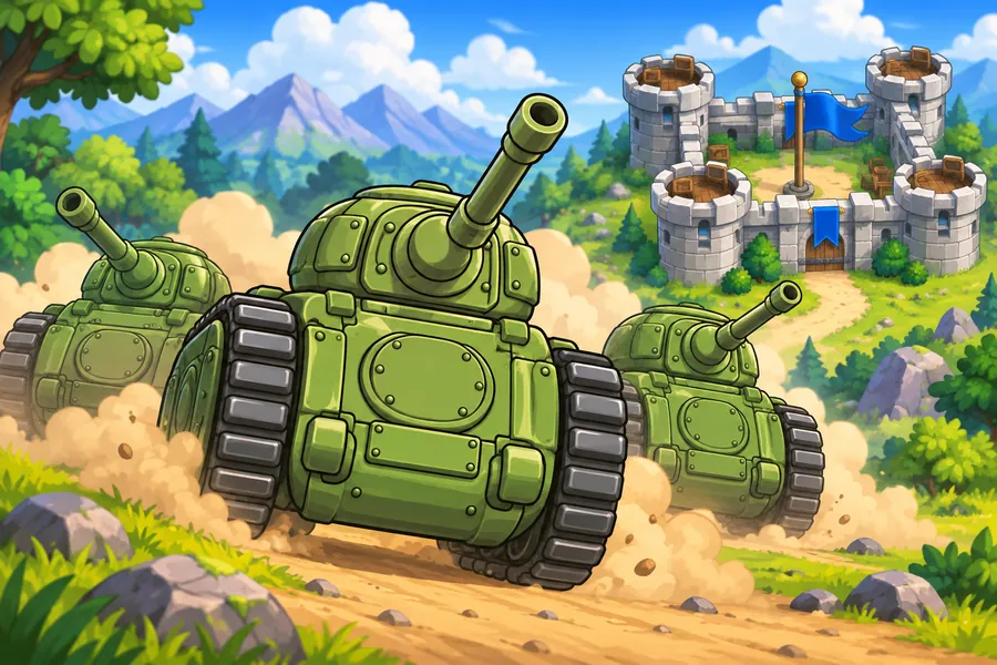 砂けむりの中を進む緑のまるい戦車隊と基地