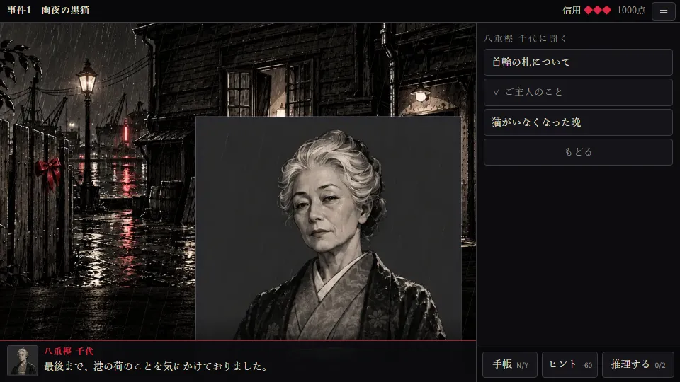 横長の画面。左に人物の肖像と会話、右に質問と証言のボタンが並ぶ聞きこみの場面
