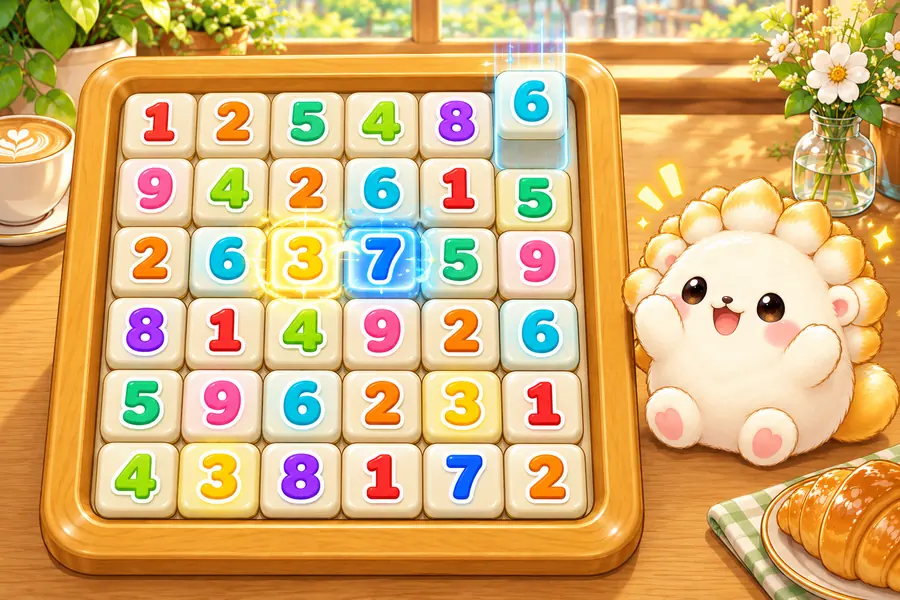 ゲーム画面。カフェの木のテーブルに置いたトレーに、1から9の数字タイルが6列ならんでいる。となり合う3と7のタイルが光ってつながり、はじける瞬間。右の列には上から新しいタイルが落ちてきていて、トレーの横でクリーム色のふわふわのトーマルがばんざいしている