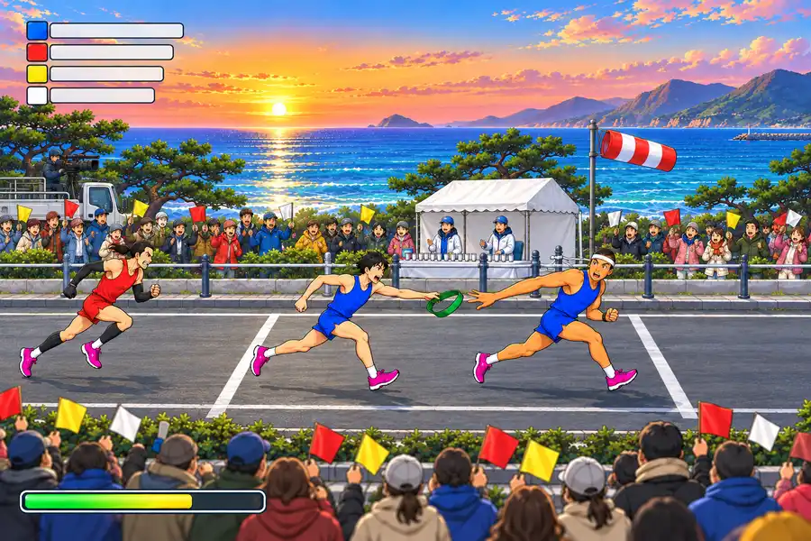 ゲーム画面。朝焼けの海岸の道で、青いシャツのランナーが緑のたすきを前へ差し出し、走り出した次のランナーが後ろをふり返って手をのばして受け取っている。うしろから赤いシャツのライバルが追い、沿道では観客が小旗をふっている
