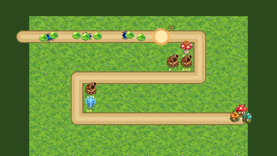 道ぞいに塔がならび、スライムの行列をむかえうつプレイ画面