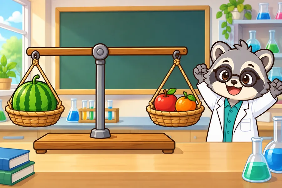 てんびんの左にすいか、右にりんごとみかんがのってぴったりつり合い、アライグマ博士がよろこんでいる
