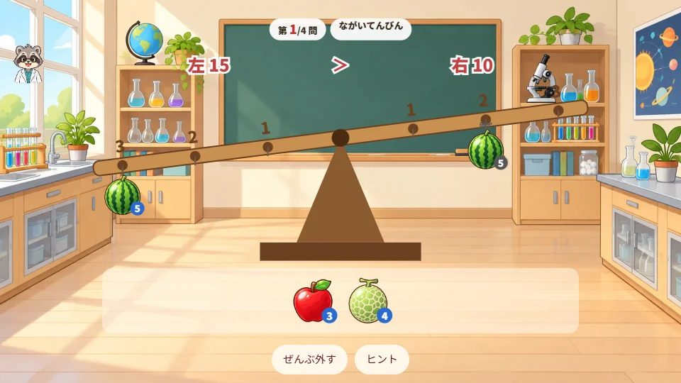 パソコンの画面で、てんびんが左にかたむき、左右の合計がちがっている場面