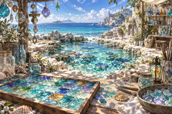 きらめく潮だまりを望む海辺の工房と、色とりどりのガラス