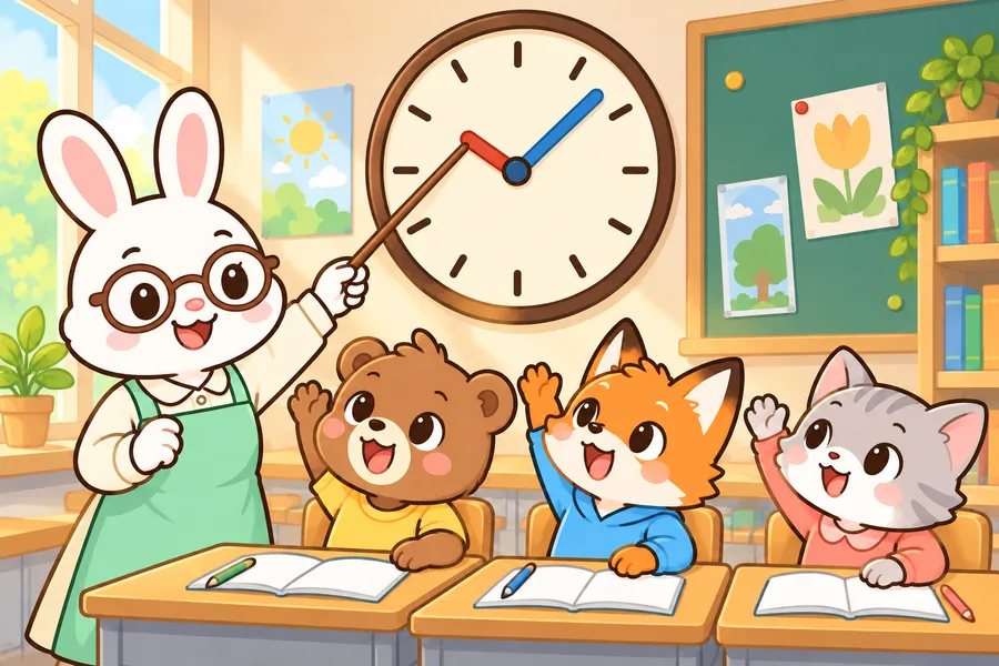 ウサギの先生が大きな時計のはりを指さし、子どもたちが手をあげている教室