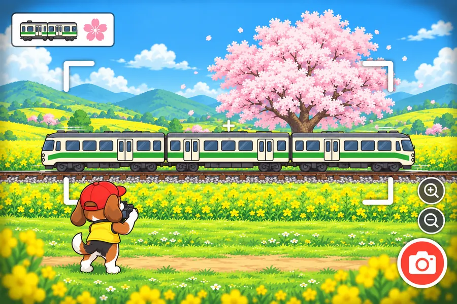 菜の花畑と満開の桜の前を3両の電車が走り、白いファインダーのわくの中におさめようと、赤い帽子のこいぬがカメラをかまえている