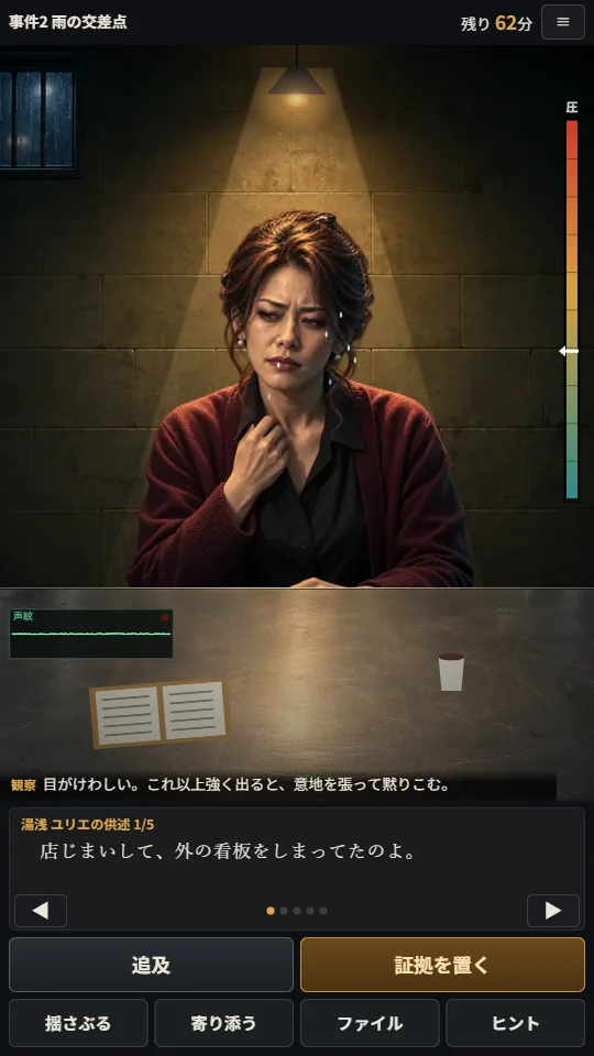スマホの縦画面。取調室のランプの下で、赤いカーディガンの女性が首元に手を当て、汗をにじませて目をそらしている。画面下に「観察」の一文、その下に供述の一文と、追及・証拠を置く・揺さぶる・寄り添う・ファイル・ヒントのボタン