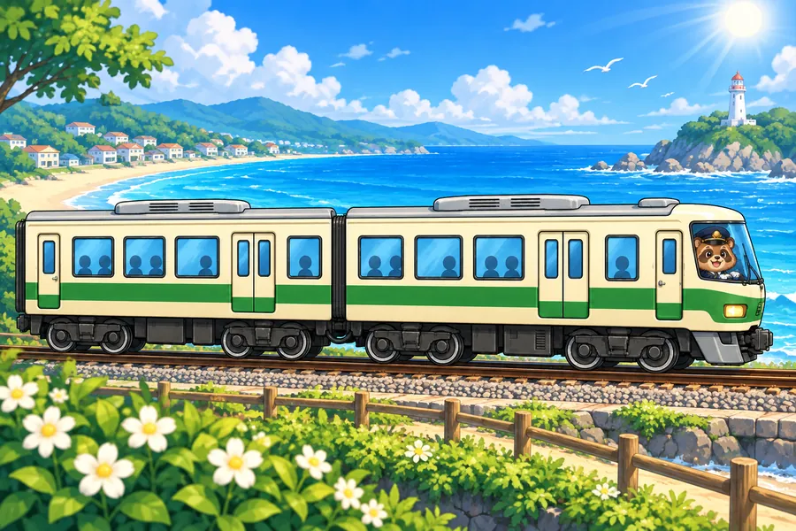 海ぞいの線路を走るかわいい電車と、運転席のタヌキ