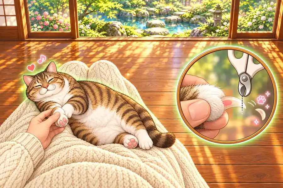 ゲーム画面。日ざしの差す縁側で、ひざかけをかけたひざの上に茶トラと白のおじいちゃんねこが横向きに寝ころび、目を細めて緑色のやさしい光に包まれている。左下からの手がねこの前足をそっと持ち、右の丸い虫めがねの中では、のびた爪の白い先に点線とハサミ型の爪切りが当たり、切れた爪の先が小さく光って飛んでいる