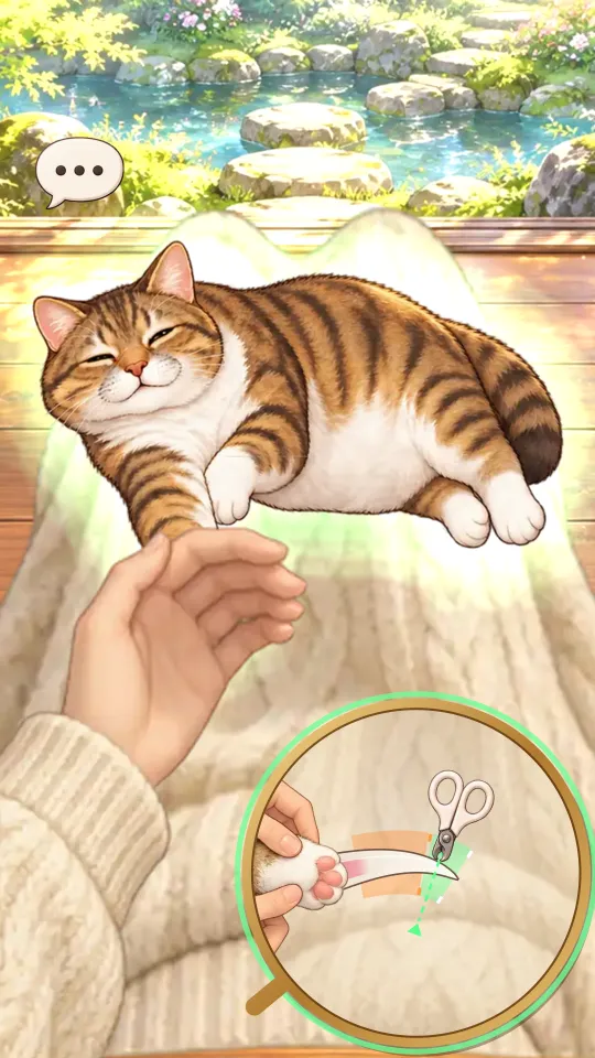 スマホの縦画面。縁側の床にすわったひざの上で、茶トラと白のおじいちゃんねこが目を細め、緑の光に包まれている。左下の手が前足を持ち、右下の丸い虫めがねの中で、爪の白い帯に点線と白いハサミ型の爪切りが重なっている