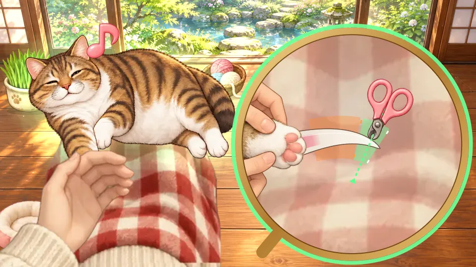 横画面。赤いチェックのひざかけの上に茶トラと白のねこが寝ころび、頭の上に音符。右の大きな虫めがねでは、さくら色のハサミ型の爪切りの刃が爪の白い先に重なり、床には猫草の鉢と毛糸玉のかごがかざられている