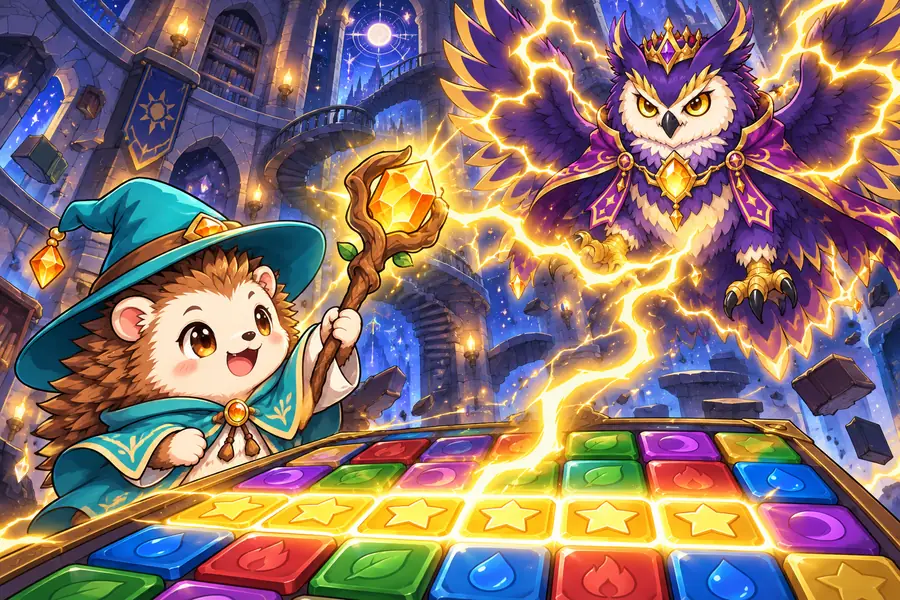 魔法の塔で、ハリネズミの魔法使いがつえをかかげ、光るブロックの列からいなずまがフクロウの魔王へとんでいく