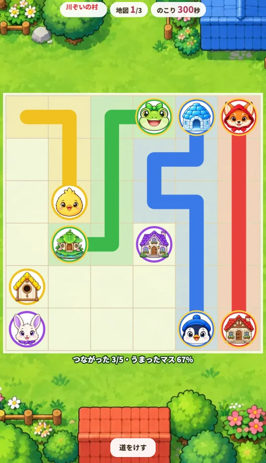 スマホの縦画面で、6×6のマス目にどうぶつと家が置かれ、赤・青・みどりの道でつながっている場面