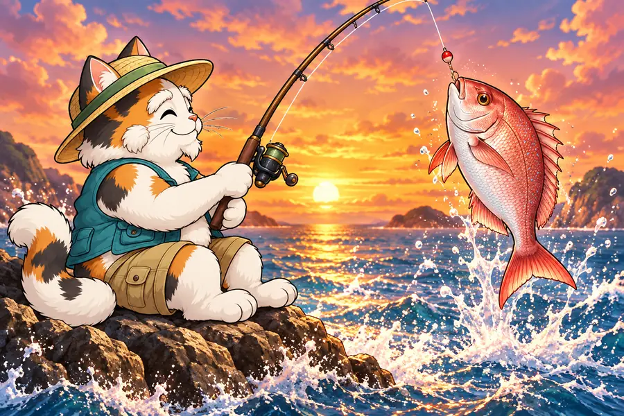 夕焼けの海で大きなマダイを釣り上げるネコの釣り人ミケじい