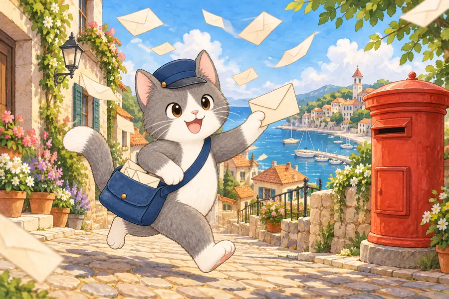 港町の坂道を走るねこの郵便屋さんと、空に舞う封筒