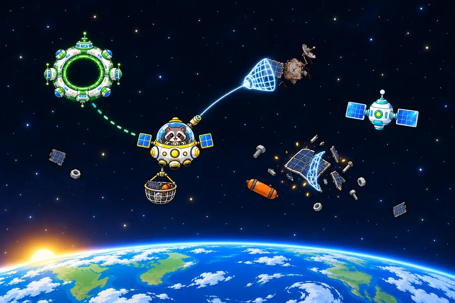 地球の上の宇宙で、アライグマのおそうじ衛星がネットを撃ってこわれた人工衛星をつかまえ、左上のリサイクル基地へ運ぼうとしている