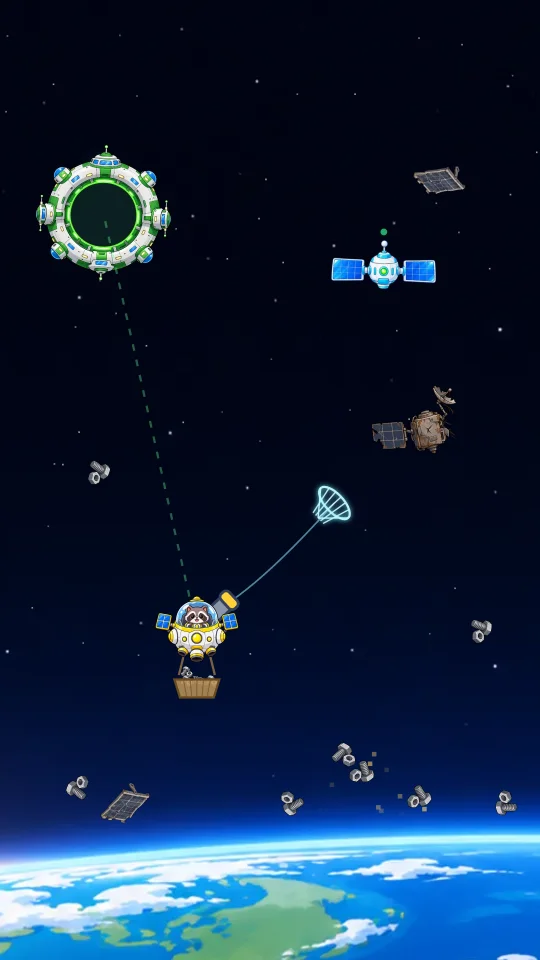 スマホの縦画面で、アライグマのおそうじ衛星がこわれた人工衛星へネットを撃ち、近くでは燃料タンクがネジに割れている。左上にリサイクル基地、上にはたらいている衛星