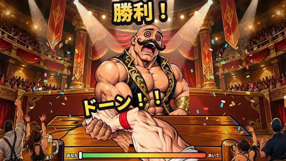 パソコンの横画面。全国決勝の大会ホールで、組んだ拳がテーブルにたたきつけられ、目を回した王者のまわりに紙吹雪が舞っている