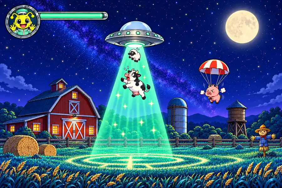月夜の牧場を真横から見たゲーム画面。銀色の円盤から緑に光るビームが草地へのび、その中を白黒の牛が足をばたばたさせて浮き上がり、右ではパラシュートのぶたがむすっとした顔で降りてくる