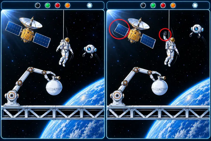 宇宙ステーションの外の、ずっと動いている2まいの絵をならべたゲーム画面。見つけたちがいに赤い丸